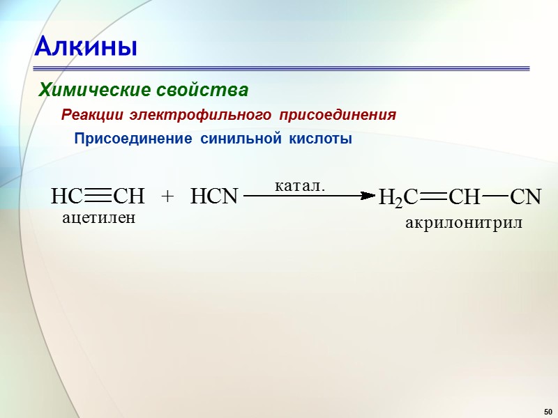 50 Алкины Химические свойства Присоединение синильной кислоты Реакции электрофильного присоединения